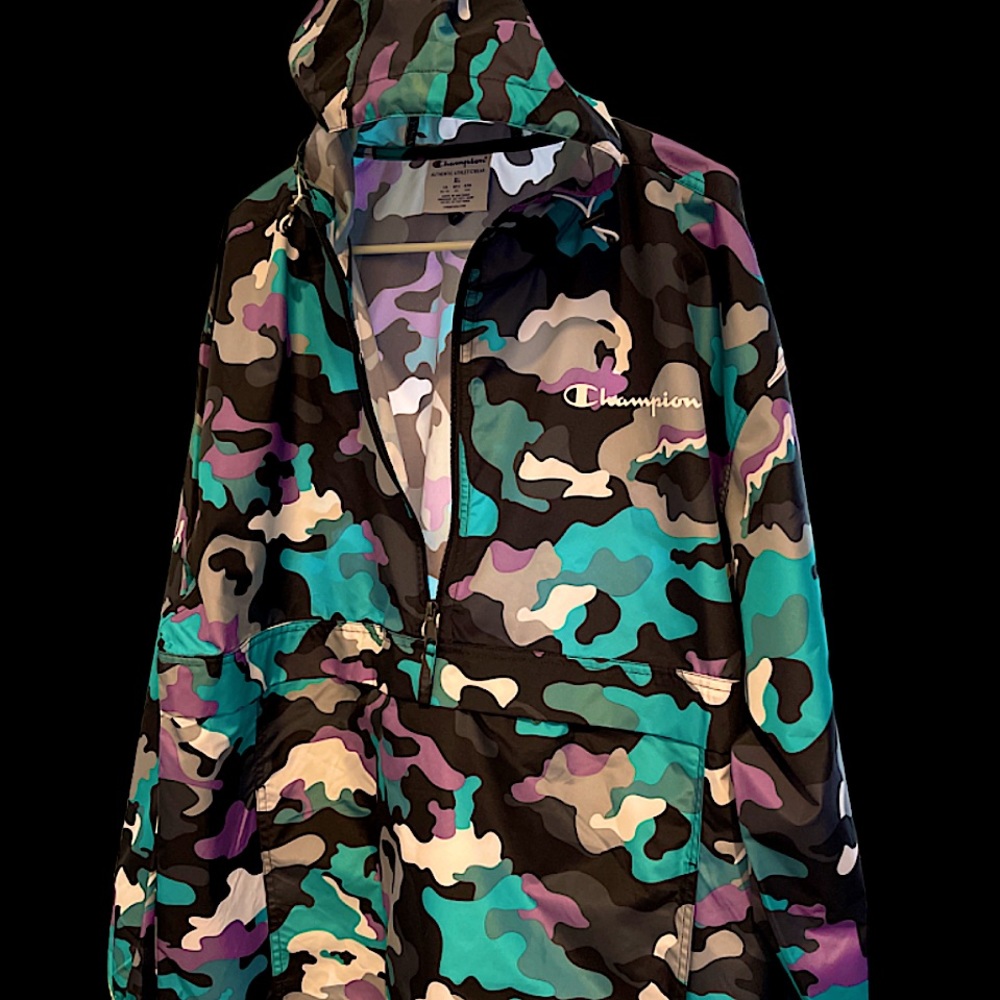 NEW Champion Stadium Packable Hood Jacket Camo Teal 1/2 Zip Pullover Mens XL